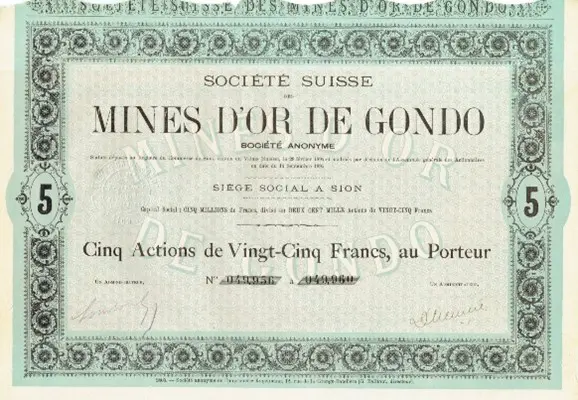 1895, Zertifikat über 5 Aktien zu je 25 Franken, «Société Suisse des Mines d'Or de Gondo SA»