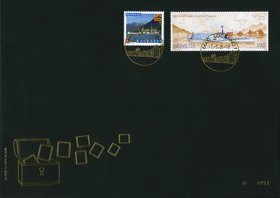 2026, schwarzer Sonderbeleg "200 Jahre Schifffahrt auf dem Lago Maggiore "