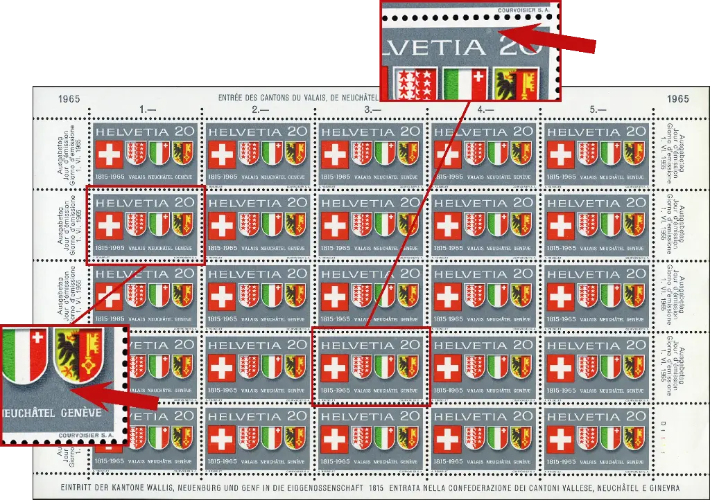 20 Rp. Schweizerwappen, "Ätzfehler und helle Stelle" Originalbogen    