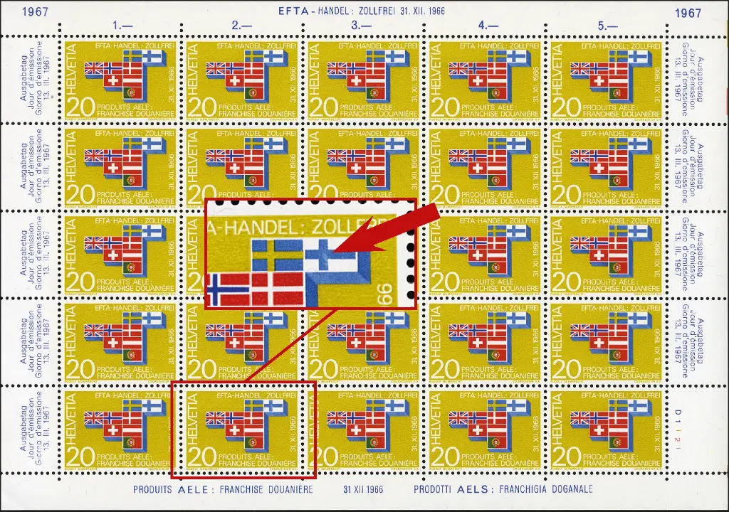 20 Rp. EFTA-Staaten, "Hellblauer Fleck", Originalbogen     