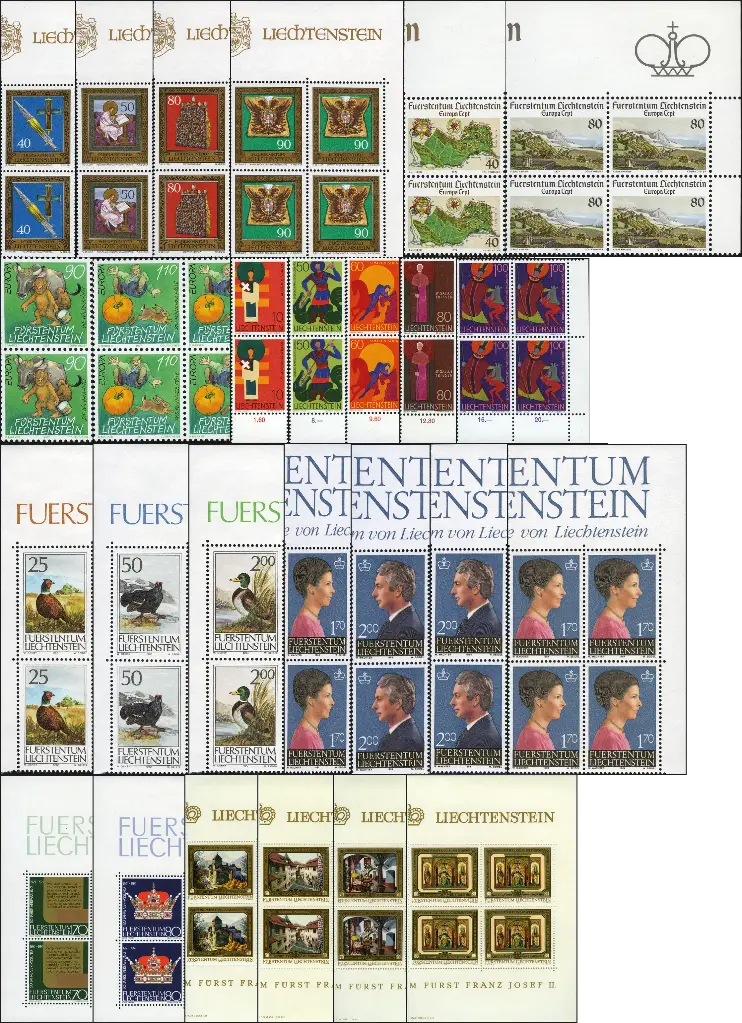 1965, Startkollektion Liechtenstein-Viererblocks mit vielen populären Motiven  