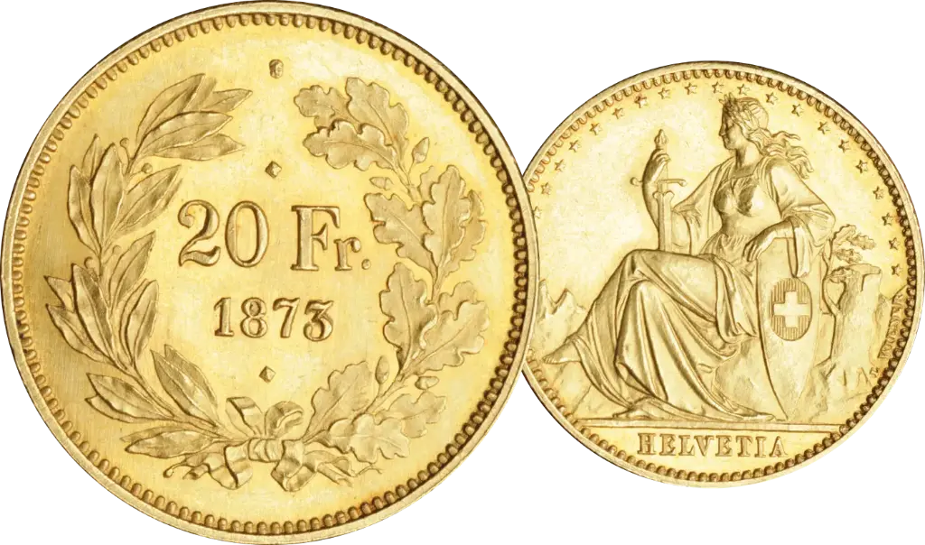 1873, 20 Franken, 3-Punkt-Probe Eidgenossenschaft