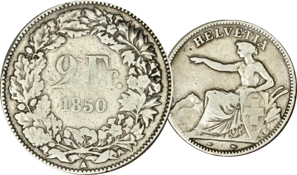1850, 2 Fr. Silber-Kursmünze Sitzende Helvetia