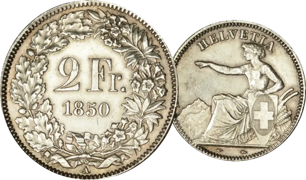 1850, 2 Fr. Silber-Kursmünze Sitzende Helvetia