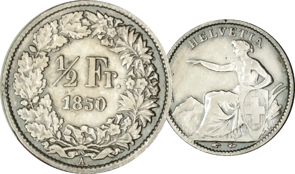 1850, 50 Rp. Silber-Kursmünze Sitzdende Helvetia