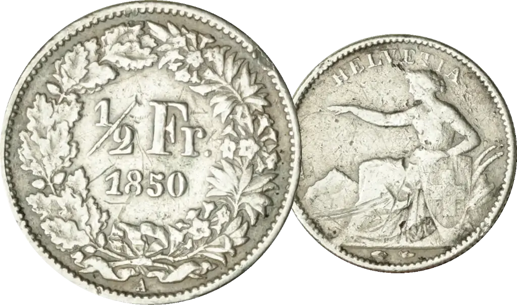 1850, 50 Rp. Silber-Kursmünze Sitzdende Helvetia