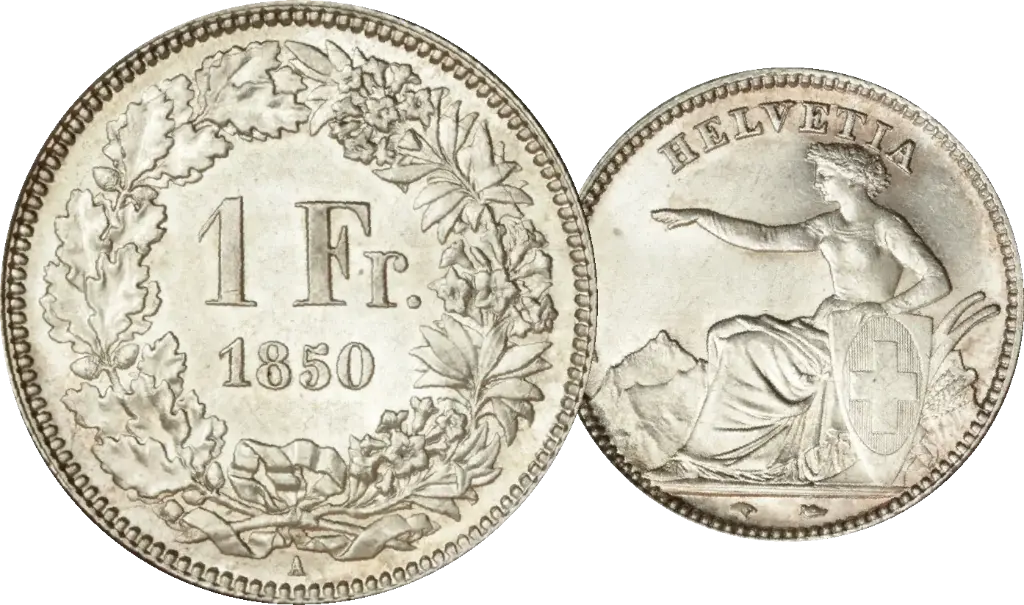 1850, 1 Fr. Silber-Kursmünze Sitzende Helvetia