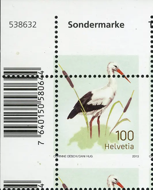 100 Rp. Weissstorch, Zähnungsverschiebung, oberes Bogenrandstück     