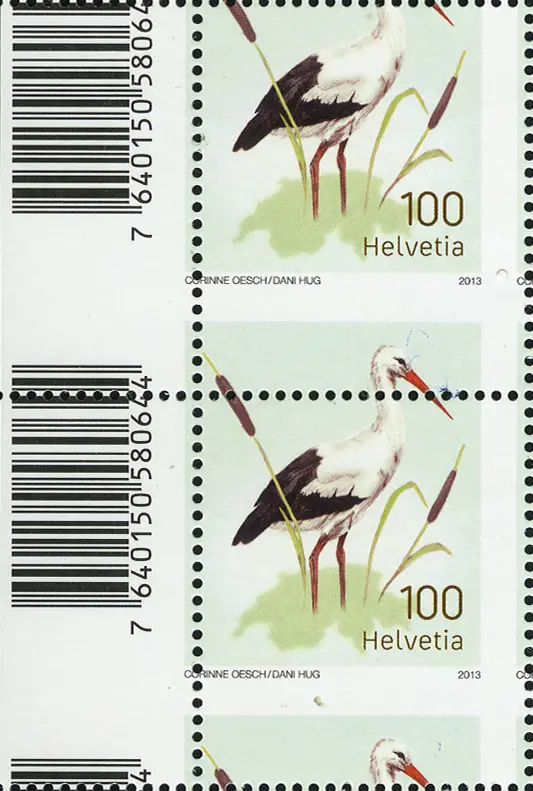 100 Rp. Weissstorch, Zähnungsverschiebung, mittleres Bogenpaarstück      