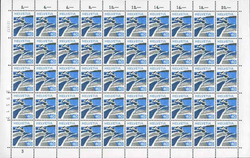 40 Rp. Waadt, "Rasterpunkte des Blaudrucks scharf" Originalbogen