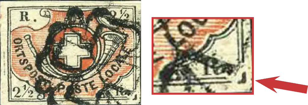 Winterthur 1850 schwarz/braunrot, Plattenfehler