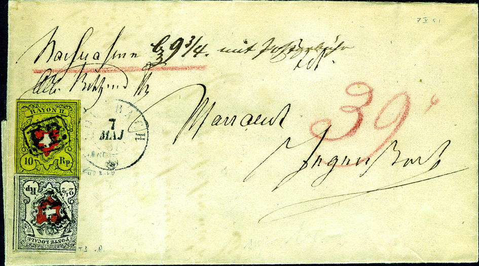 1851, Post Locale mit KE, Type 3 und Rayon II schwarz-rot-gelb, Type 40
