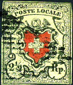 Poste Locale ohne Kreuzeinfassung, Type 3, klare schwarze eidg. Raute, farbenfrisch, dreiseitig gute bis breite Ränder, unten die Randlinie getroffen, die sehr seltene Marke in sehr guter Erhaltung.