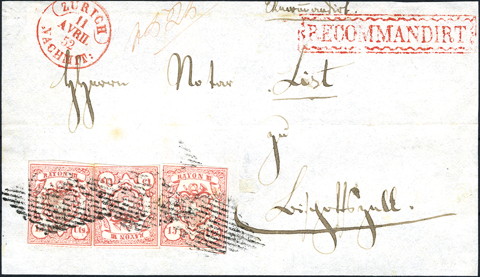 Typen 10, 8 und 4 als Streifen auf Chargé-Brief, eidg. Rauten, roter Abgangstempel Zürich, roter Stempel RECOMMANDIRT, farbenfrisch, Type 10 rechts leicht berührt, sonst alle Marken gut gerandet, in guter Erhaltung. Selten!
