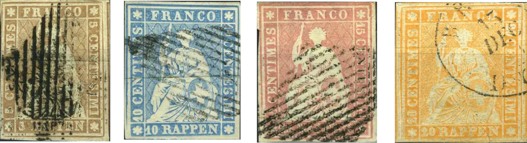 1854-1855, Sitzende Helvetia, ungezähnt (Strubel), Berner Druck, 1. Druckperiode