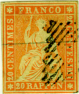 20 Rp. gelblichorange, Berner Druck, 1. Druckperiode