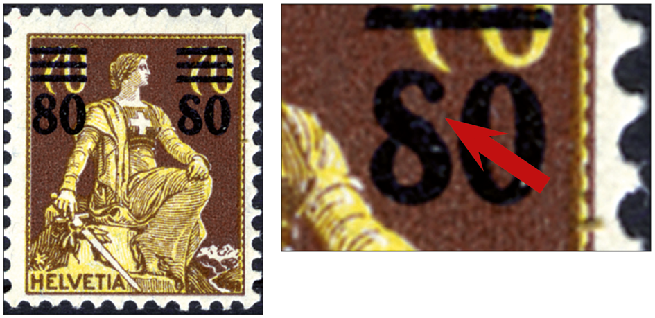 80-70 Rp. Helvetia mit Schwert, dunkelbraun-gelb, "Aufdruckziffer 8 offen"