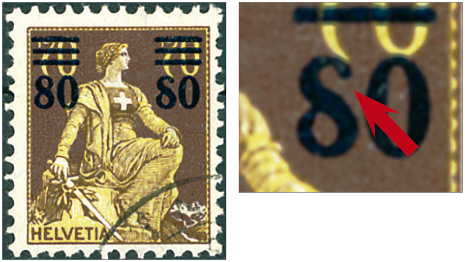 80-70 Rp. dunkelbraun-gelb, "Aufdruckziffer 8 offen"