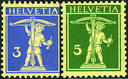 3 Rp. violettblau, sämisch u. 5 Rp. olivgrün, sämisch