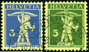 3 Rp. violettblau, sämisch u. 5 Rp. olivgrün, sämisch