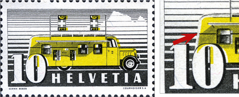 10 Rp. Automobilpost, versch. Gelbdruck