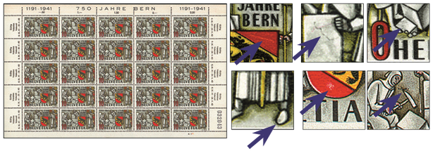 10 Rp. Berchtold, dunkelgrau-rot, &quot;Spinne auf dem Hammer&quot; (Kat.Nr. 253.2.01), &quot;helle Stelle im Wappen&quot; (253.2.02a), &quot;Strich im Wappen&quot; (253.2.02b), &quot;gesprungener Steinquader&quot; (253.2.05a), &quot;Punkt am Fuss des Herzogs&quot; (253.2.05c) und &quot;Strich in kleinsten Quader&quot; (253.2.06)