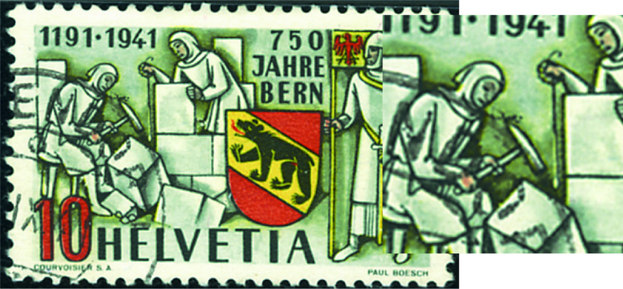 10 Rp. Berchtold, dunkelgrau-rot, "Spinne auf dem Hammer"