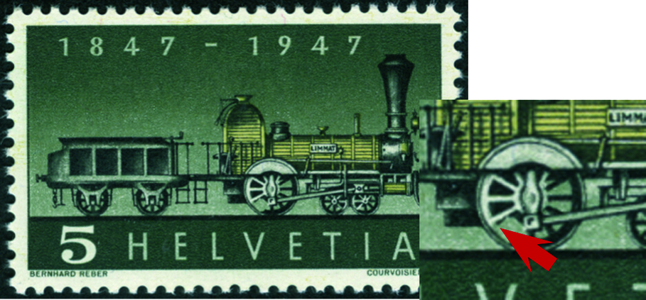 5 Rp. Erste Dampflokomotive,"Fehlende Speiche im Antriebsrad der Lokomotive"