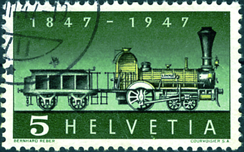 5 Rp. Erste Dampflokomotive, &quot;Fehlende Speiche im Antriebsrad der Lokomotive&quot;