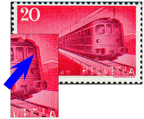20 Rp. Gotthardschnellzug, "Druck der 3 Farben um ca 1 mm verschoben"