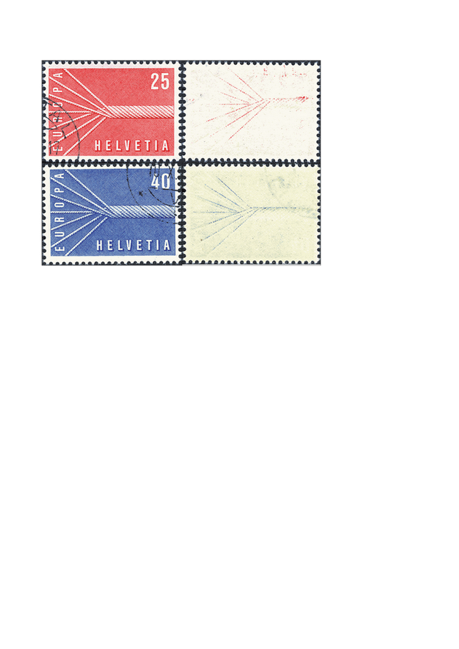 1957, Europa, "Rückseitiger Abklatsch von Teilen des Markenbildes"