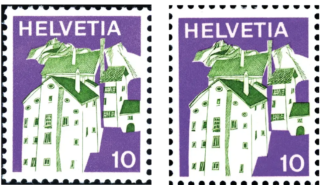 10 Rp.Graubünden, "Deutlicher Raster im Rotdruck"