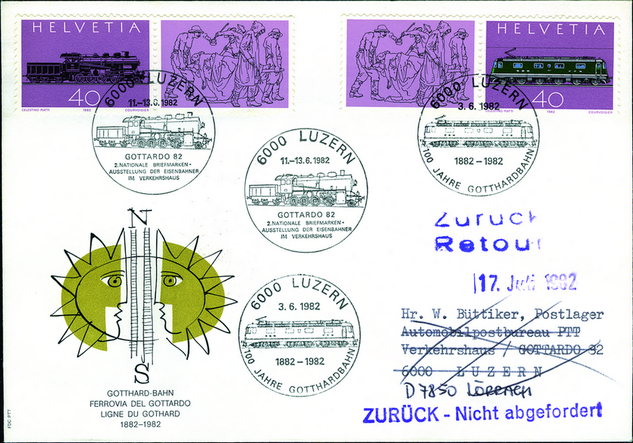 1982, 100 Jahre Gotthard-Bahn, offizieller Sonderbrief der SBB