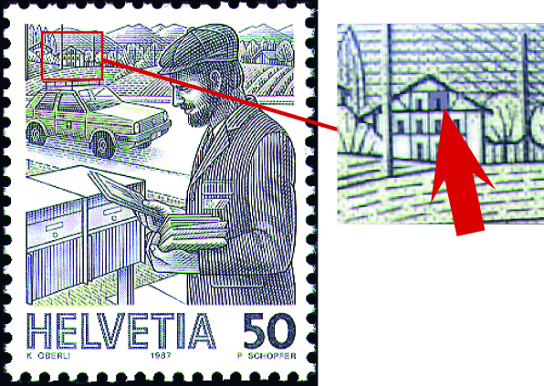 50 Rp. Postbote heute, "Blaues Fenster" im rechten Haus