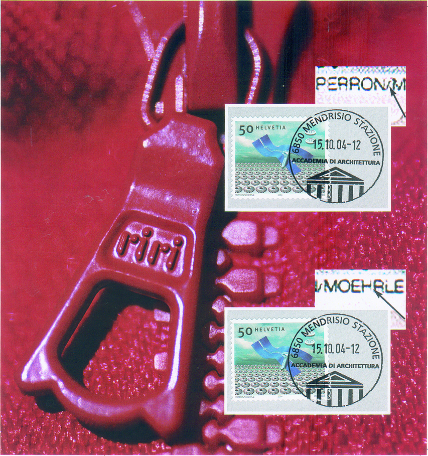 2004, Design-Klassiker der Schweiz III, Folder Reissverschluss "Riri", "Bogen über H von Helvetia" und " Roter Anstrich unter E"