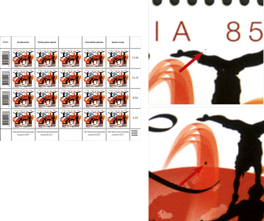 85 Rp. 14th World Gymnaestrada Lausanne, "Schwarzer Punkt ober dem Bein unter 85"