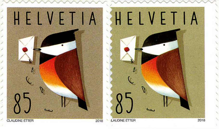 85 Rp. Vogel, "Starke Verschiebung des Markenbildes", dadurch ist auf der linken Seite die Zähnung weit im Markenbild