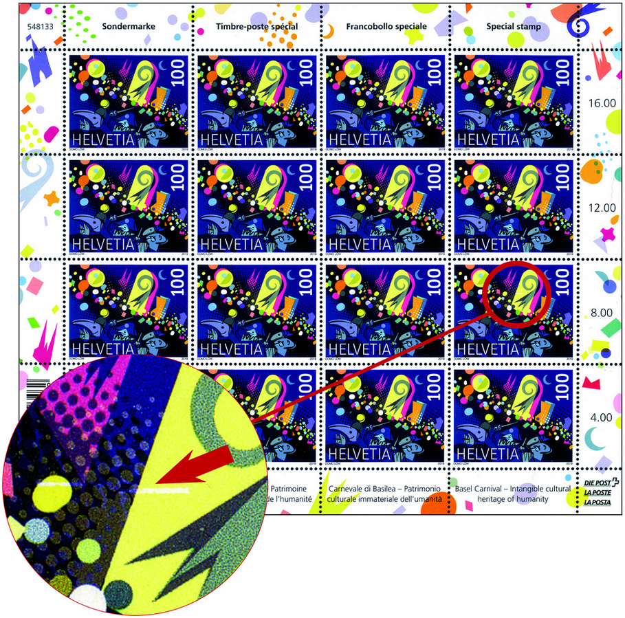 100 Rp. Basler Fasnacht, "Waagrechter, weisser Querstrich zum Baslerstab"