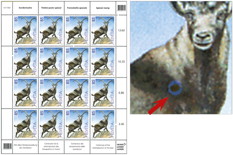 85 Rp. Steinbock, &quot;Violetter Kreis auf der Schulter&quot;.