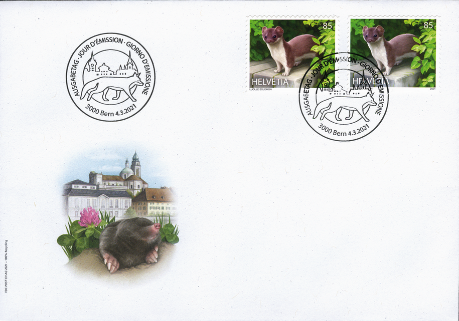 Tiere in der Stadt, 85 Rp. Hermlin, Combo-Ersttagbeleg mit Normalmarke und Marke aus Trägerfolie-Viererblock