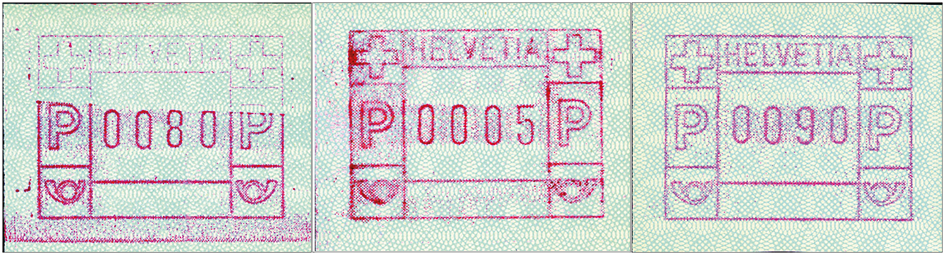 1981, ATM-Typ 6, "Fleckiger Druck", "Fehlende Oberlinie im Wertstempel unten dicker, roter Balken", "Heller Druck"