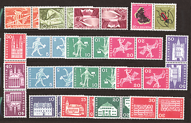 1950, Technik u. Landschaft, 1953, Pro Juventute, 1960, Postgeschichtl. Motive und Baudenkmäler