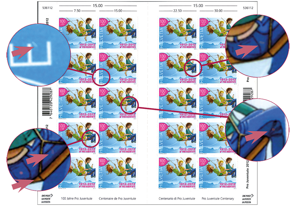 2012, 100 Jahre Pro Juventute, "Knopf an der Tasche", "Anstrich beim E von Helvetia", "Strich am Hosenboden" und roter "Putzer bei der Kniekehle"