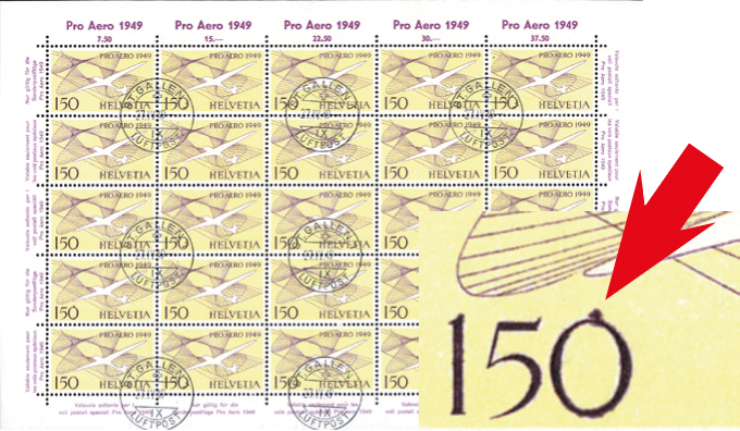 150 Rp. violett-gelb, &quot;Grosser Fleck auf der 0 von 150&quot;