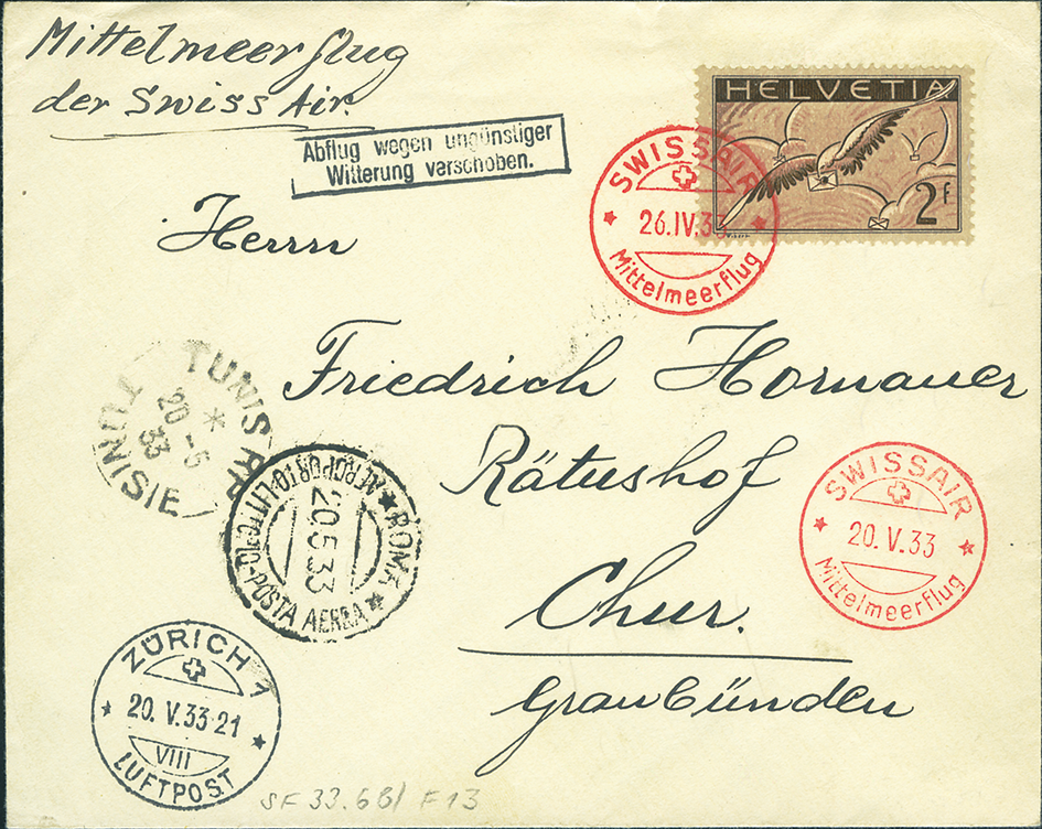 1933, SWISSIAR, Mittelmeerflug Zürich-Tunis-Rom