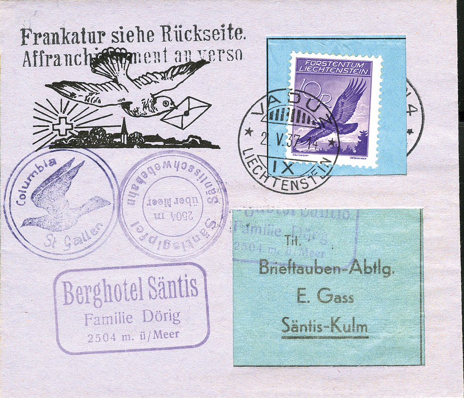1937, Brieftaubenpost Säntisgipfel-St.Gallen