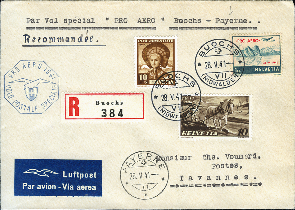 1941, Buochs-Payerne und Payerne-Buochs, Zusatzstempel italienisch