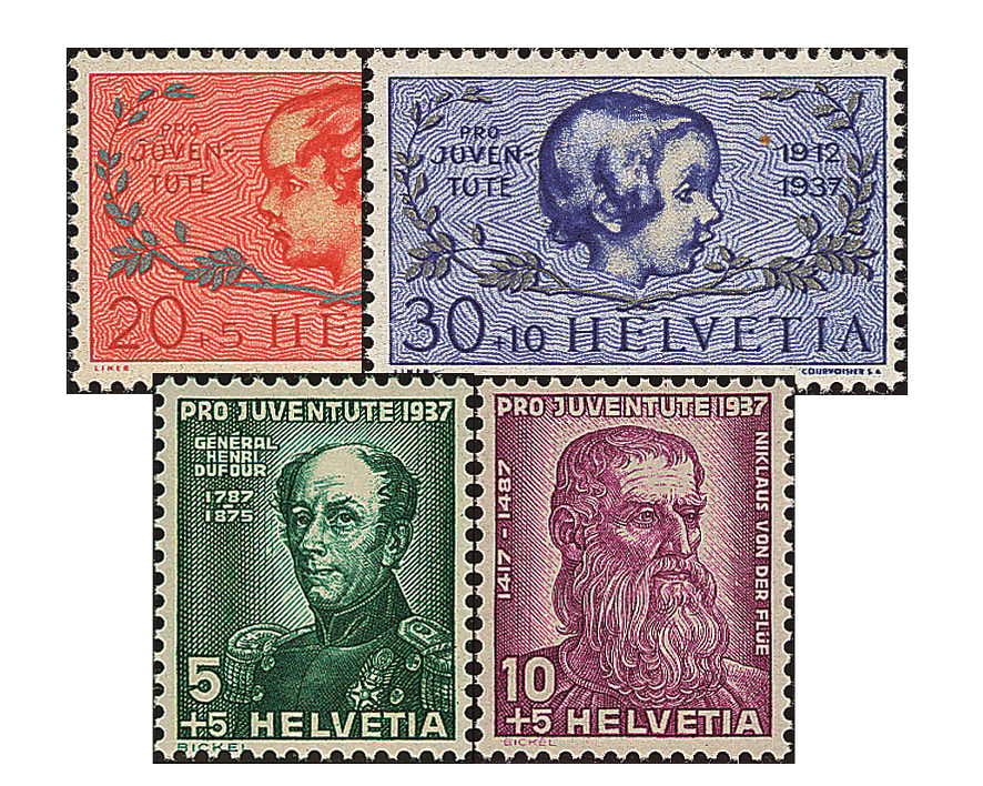 1937, Bildnisse General Dufour und Nikolaus' von Flüe, Knaben- und Mädchenkopf