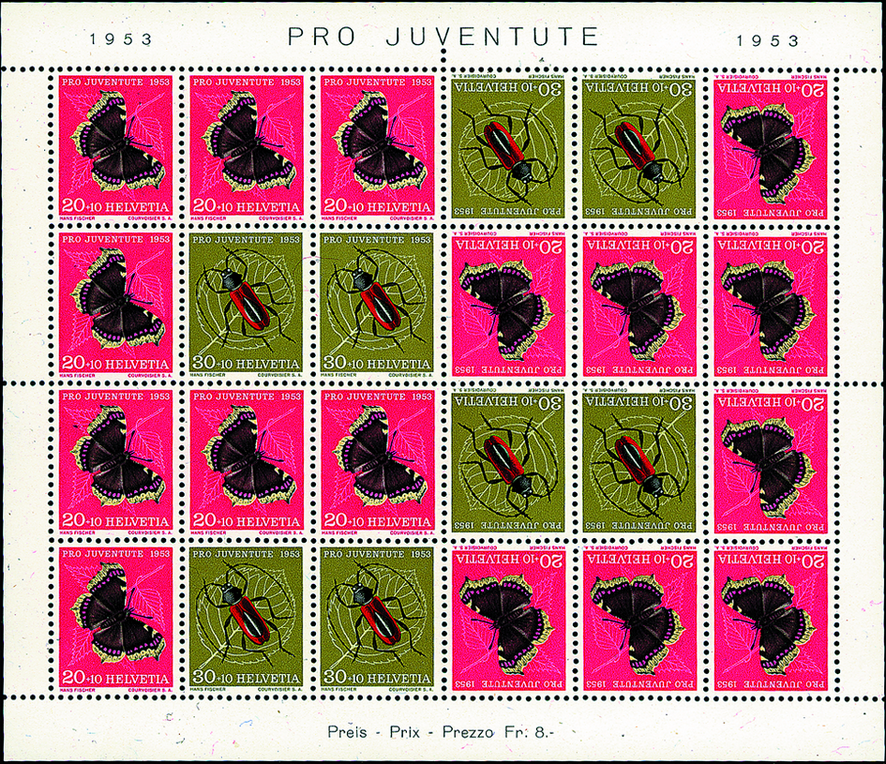 1953, Kehrdruckbogen, 20 Rp. Trauermantel + 30 Rp. Purpur-Bockkäfer