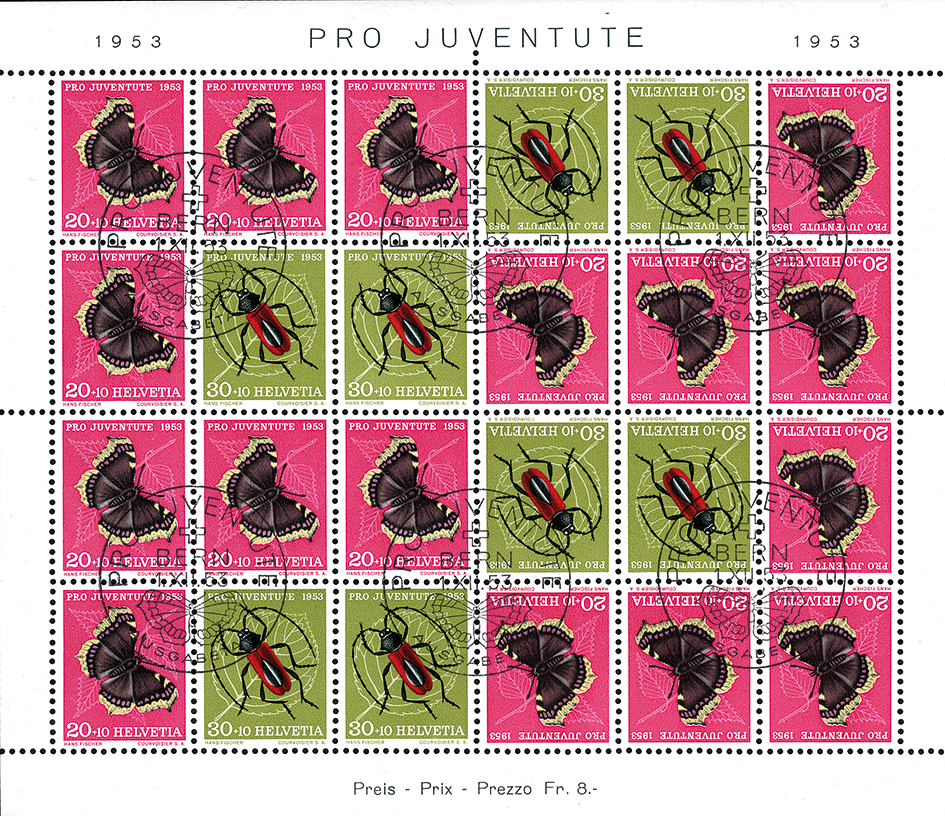 1953, Kehrdruckbogen, 20 Rp. Trauermantel + 30 Rp. Purpur-Bockkäfer